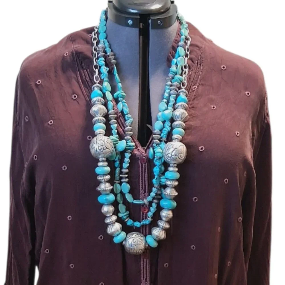 Chico's Turquoise & Silver Chunky Native American Style Necklace